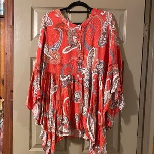 Boho Paisley Red Button-Front Tunic Blouse